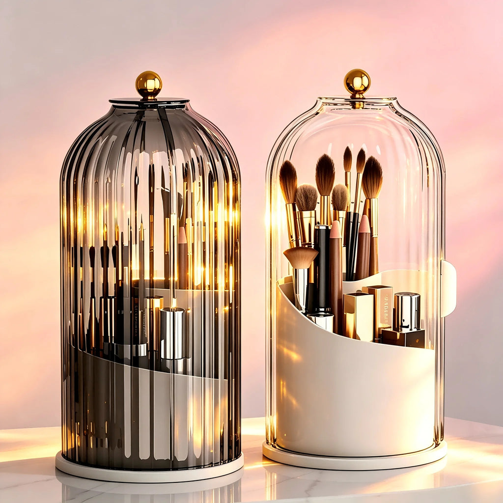 360° Rotating Makeup Brush Holder with Lid Cosmetic Organizer Storage Box for Lipstick Eyebrow Pencil and Eyeshadow Tools