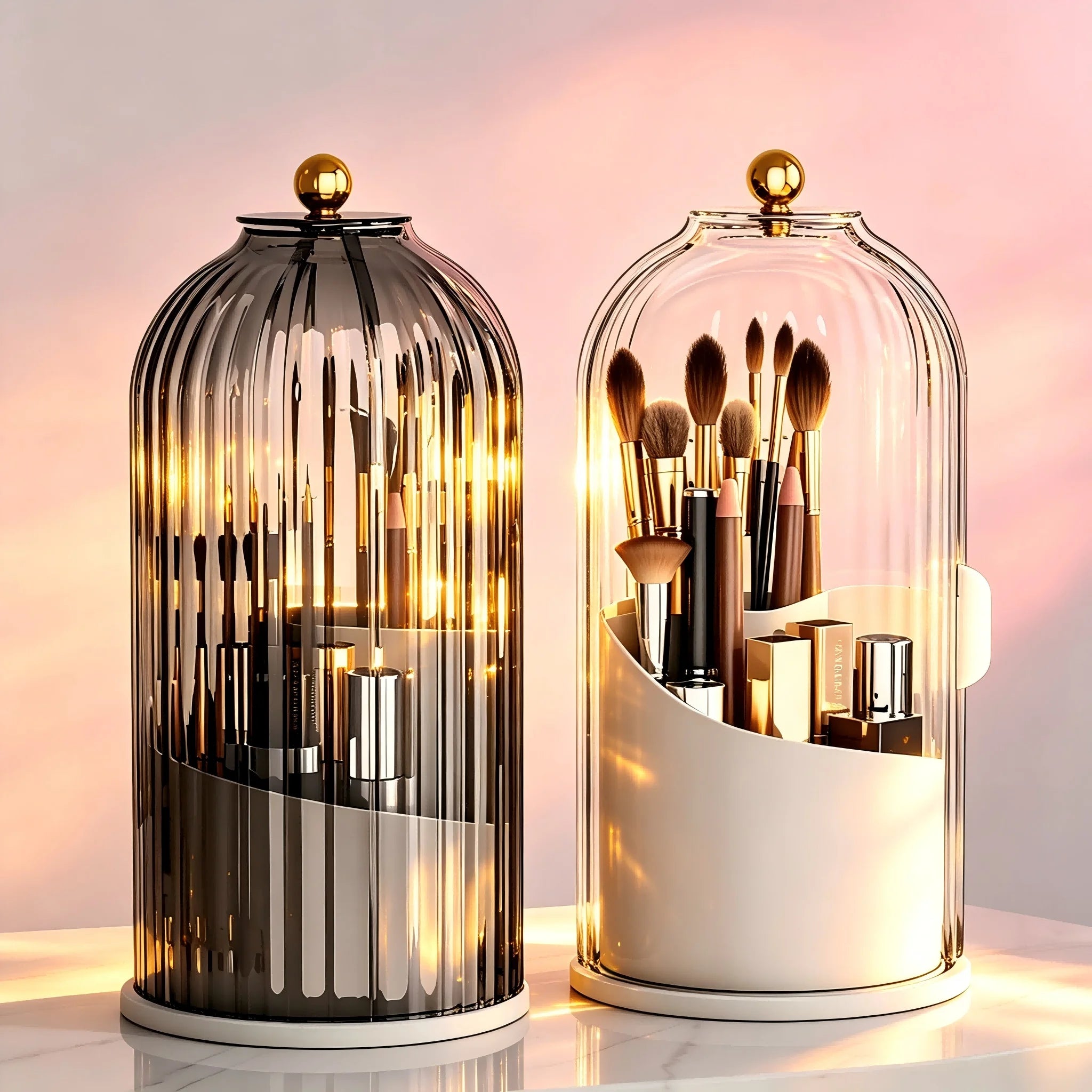 360° Rotating Makeup Brush Holder with Lid Cosmetic Organizer Storage Box for Lipstick Eyebrow Pencil and Eyeshadow Tools