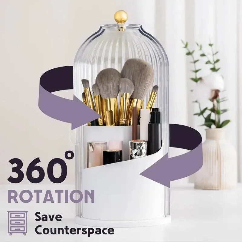 360° Rotating Makeup Brush Holder with Lid Cosmetic Organizer Storage Box for Lipstick Eyebrow Pencil and Eyeshadow Tools